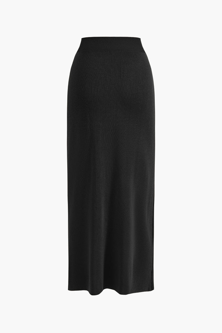 Cropped Button-Up Knit Top And Maxi Skirt Set