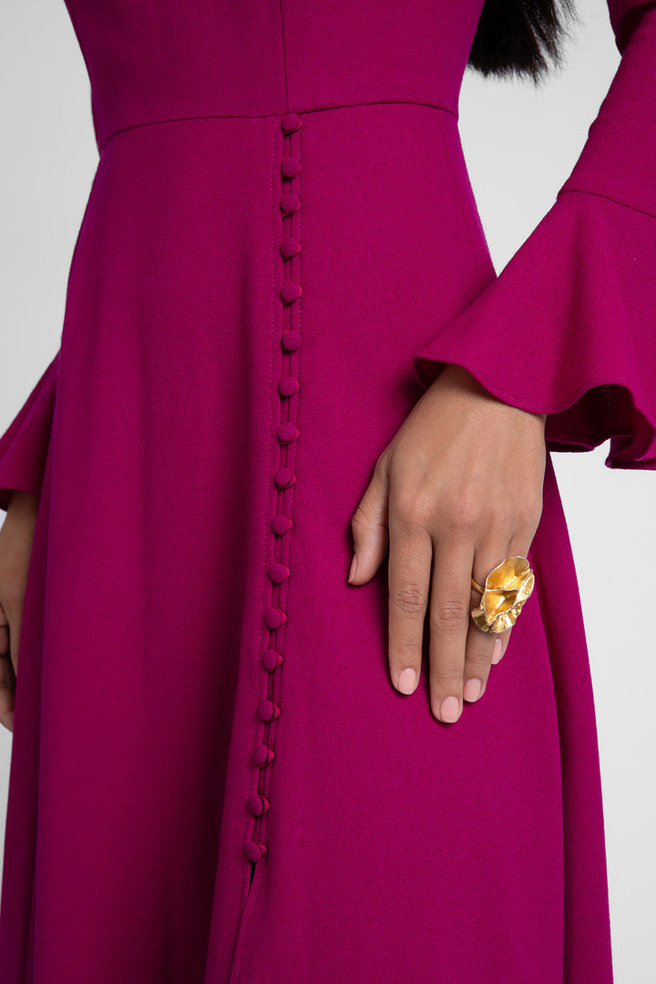 flared cuff midi dress with pleated bodice – SAIILA