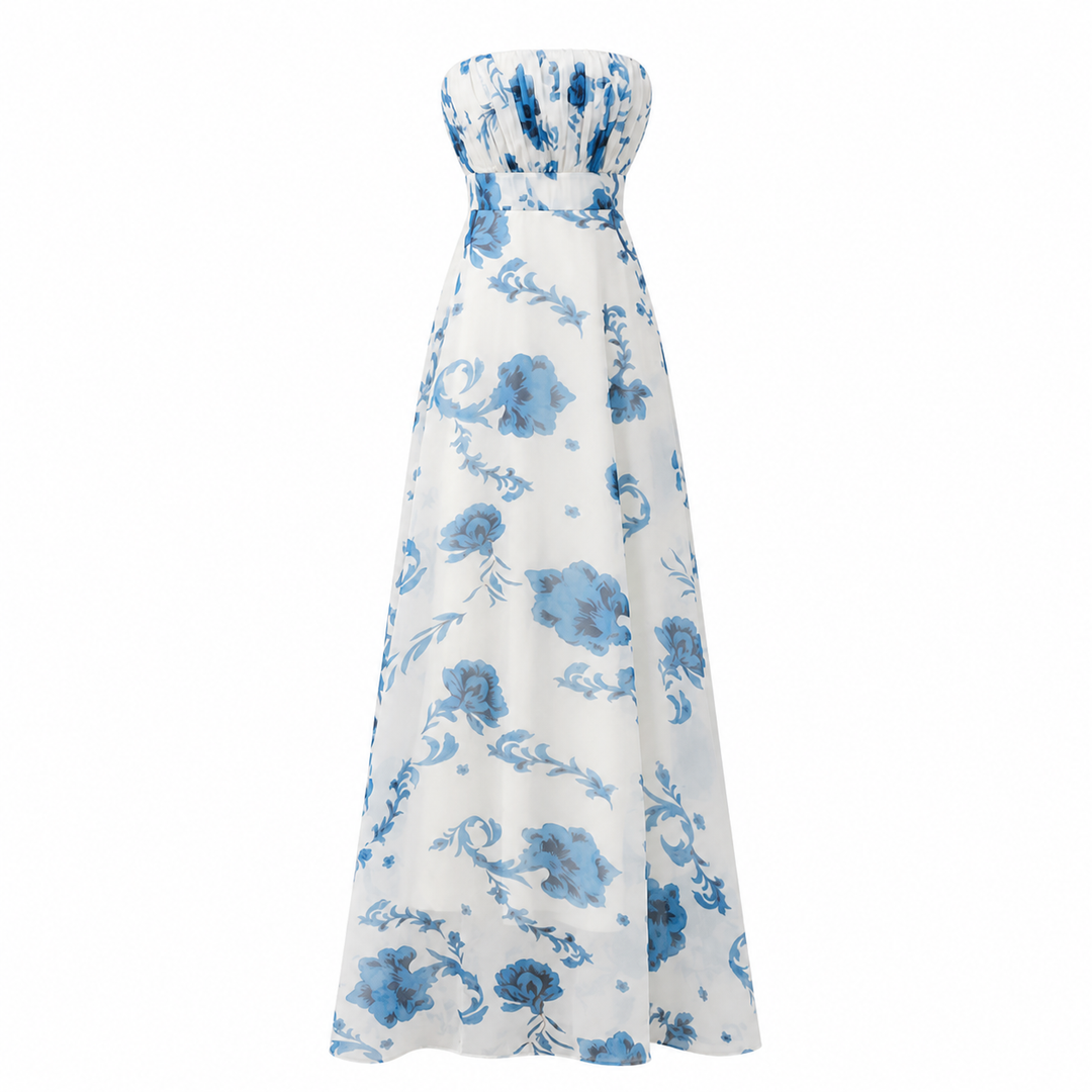 Ivory & Blue Floral Strapless Maxi Dress – AZURIA