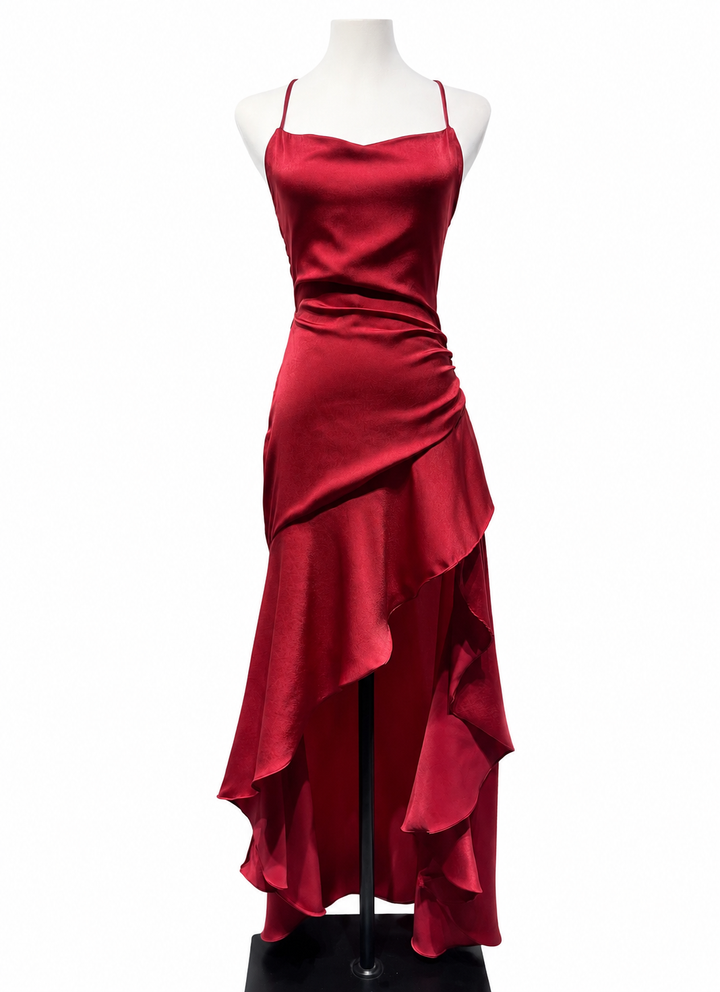 Ruby Satin High-Low Evening Dress — Scarlet