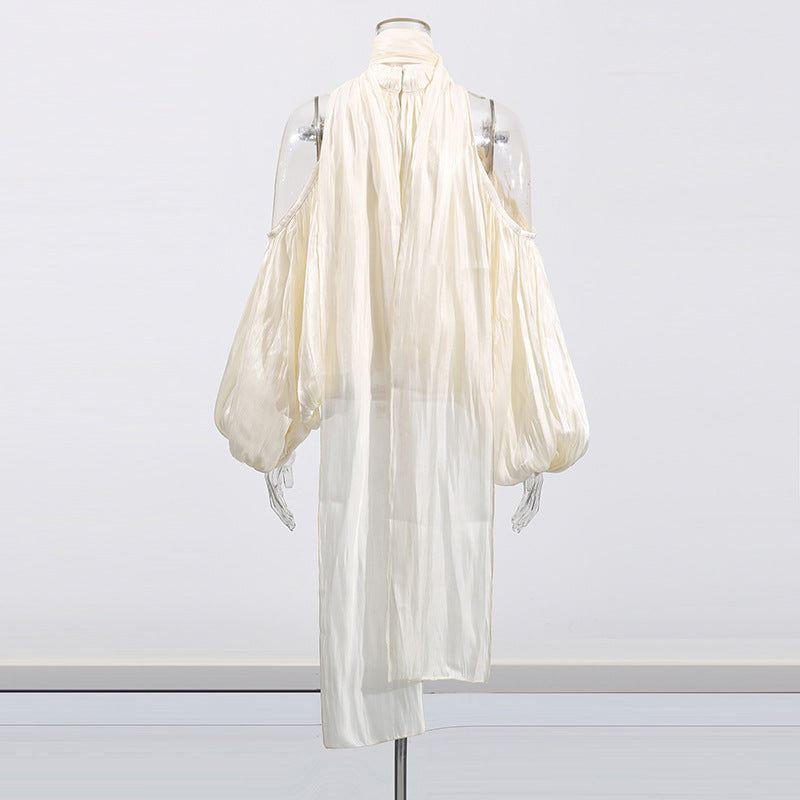 halter neck blouse with draped chiffon volume – IVORY