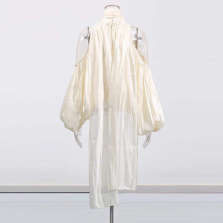 halter neck blouse with draped chiffon volume – IVORY