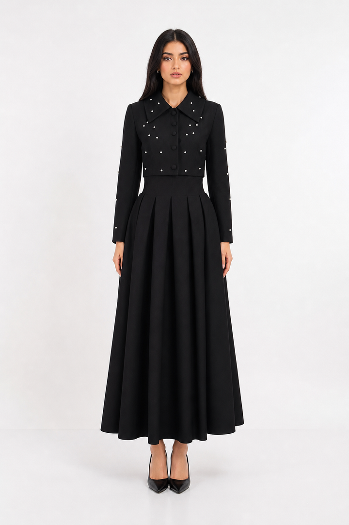 Black Pearl Collar Pleated Midi Dress – VÉLORA