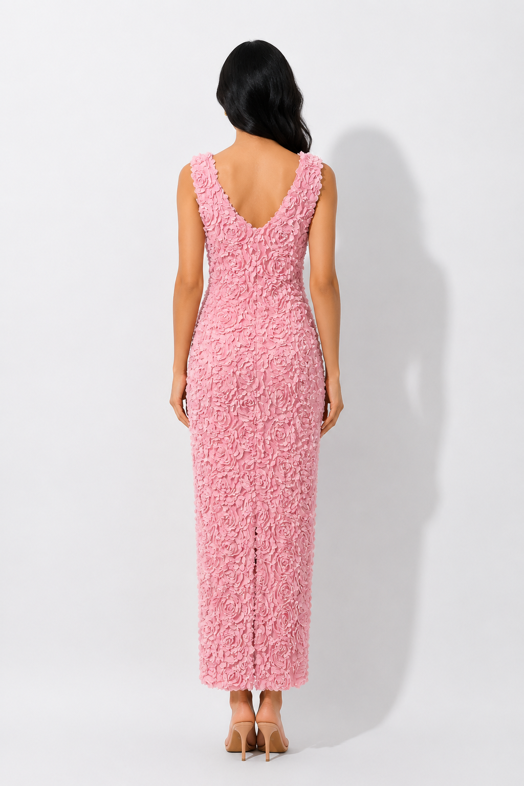 3D Floral V-Neck Midi Dress - Blossom