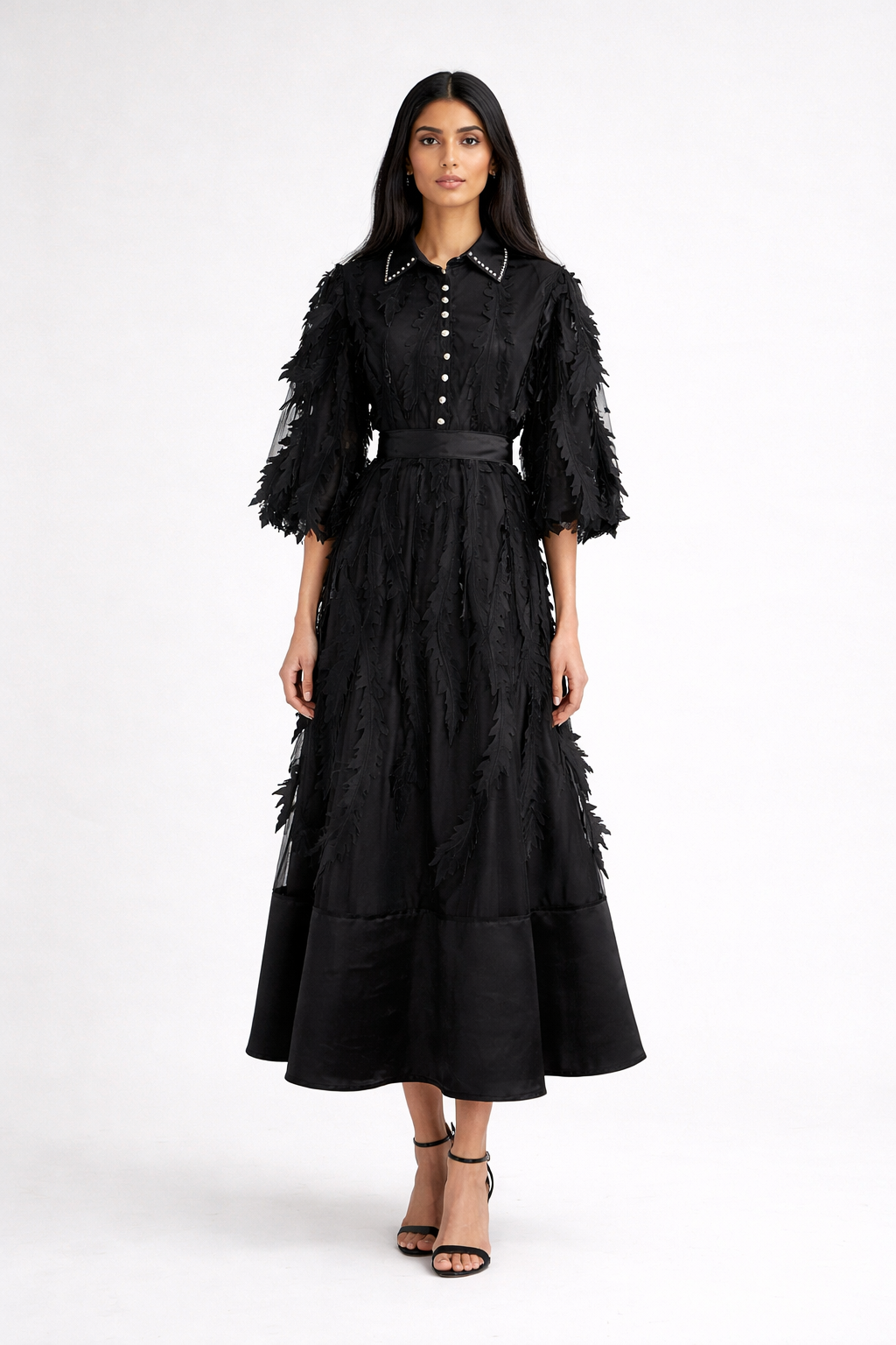 long sleeve chiffon dress with 3D leaf appliqué and belted waist – VIOLET