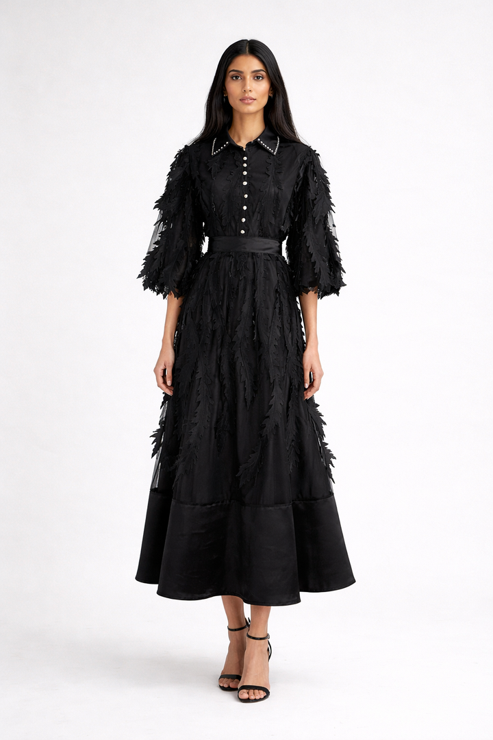 long sleeve chiffon dress with 3D leaf appliqué and belted waist – VIOLET
