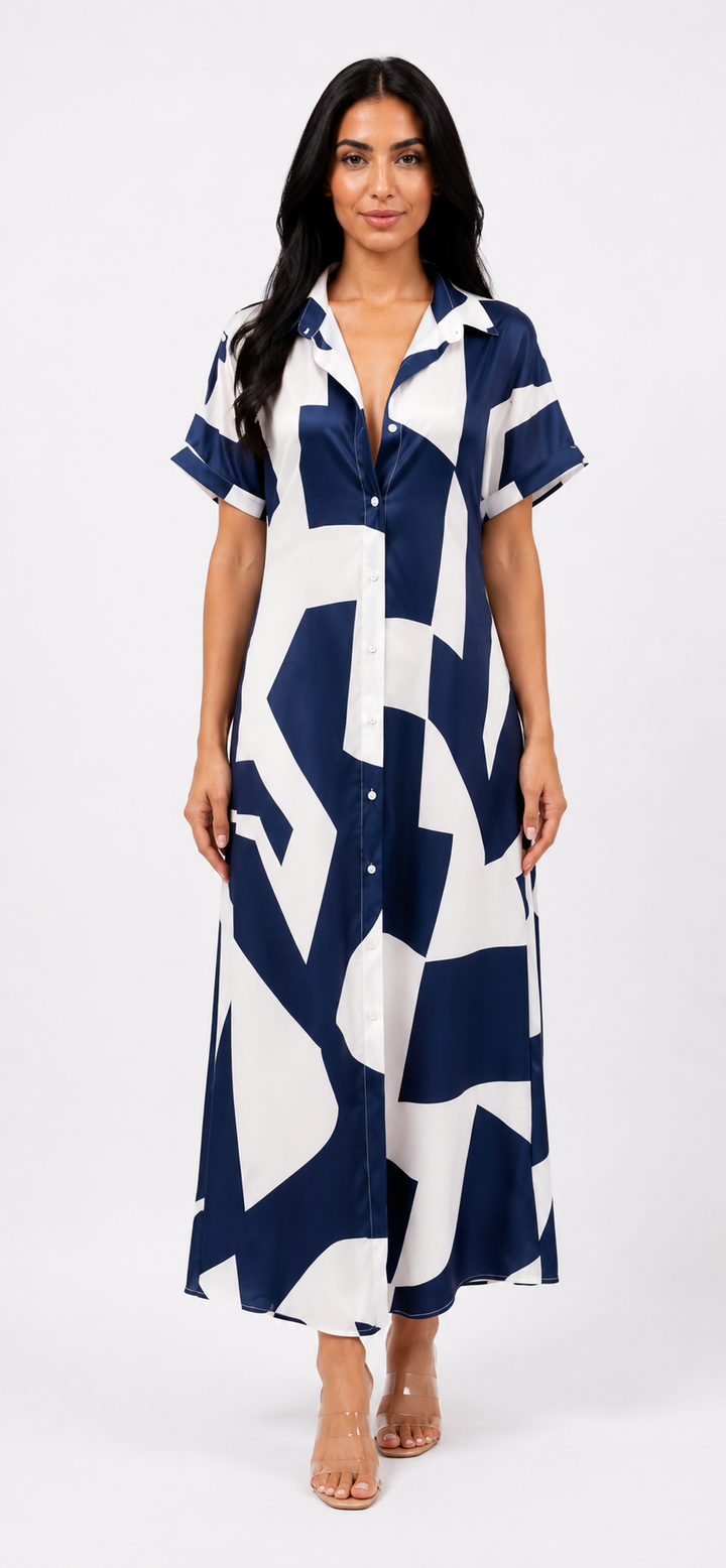 Abstract Print Button-Front Maxi Shirt Dress - Chic