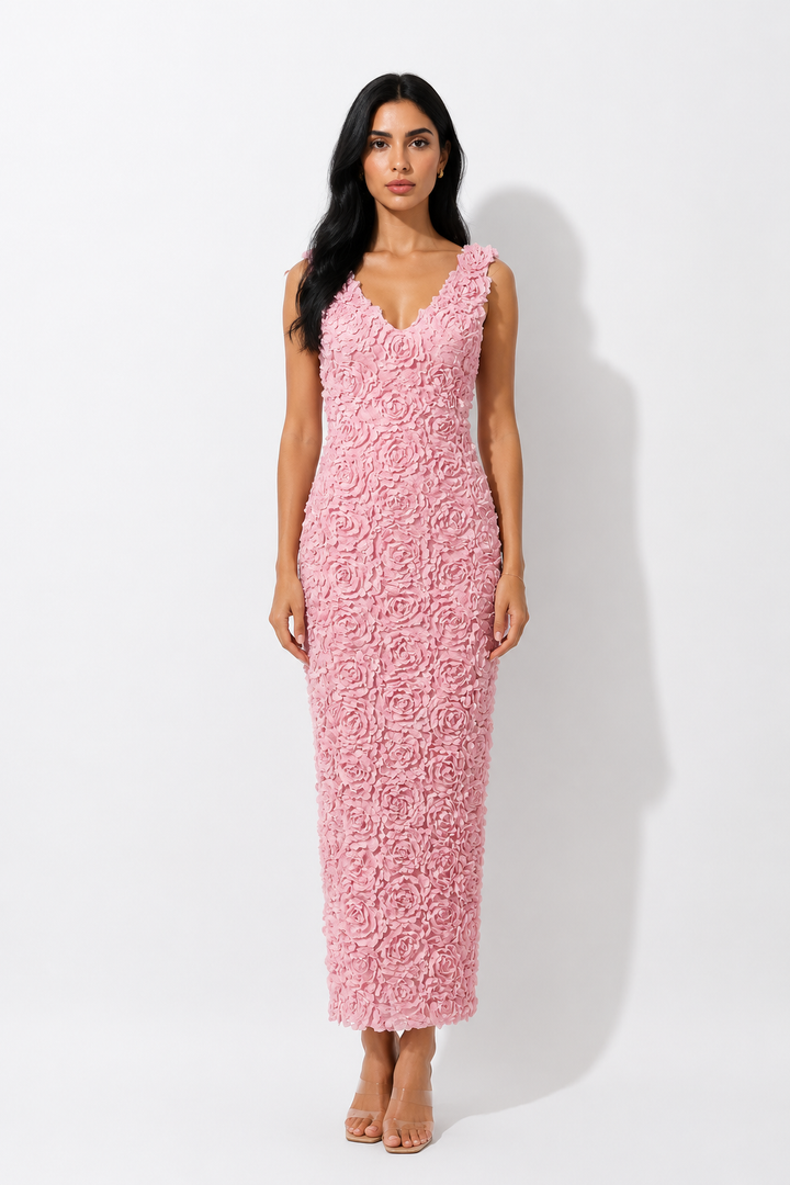 3D Floral V-Neck Midi Dress - Blossom