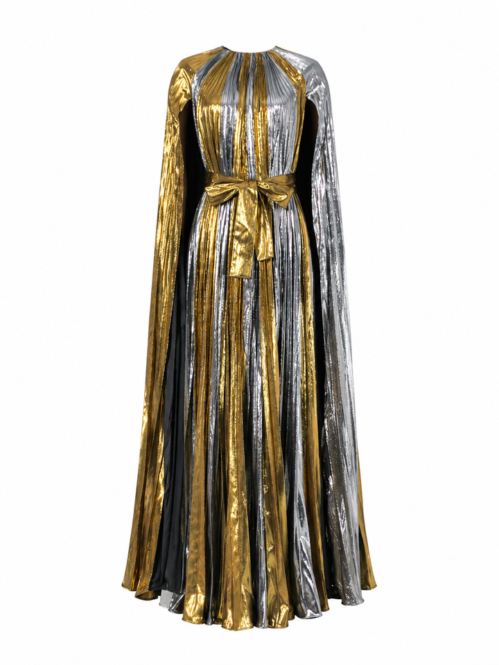 Luxury Metallic Pleated Cape Dress - Elegant