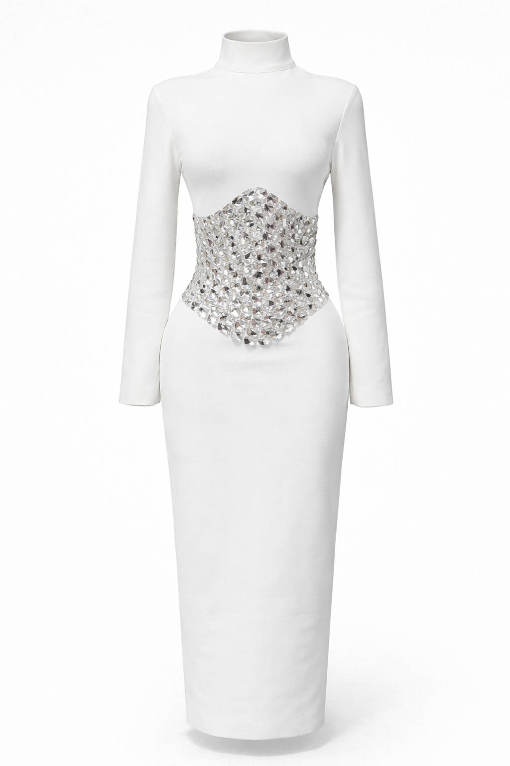 فستان ماكسي بأكمام طويلة وياقة عالية مزين بكريستال عند الخصر - كريستال