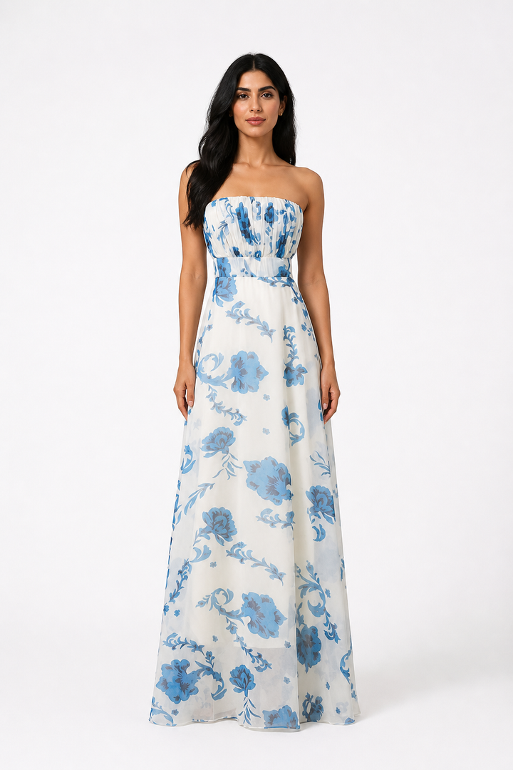 Ivory & Blue Floral Strapless Maxi Dress – AZURIA