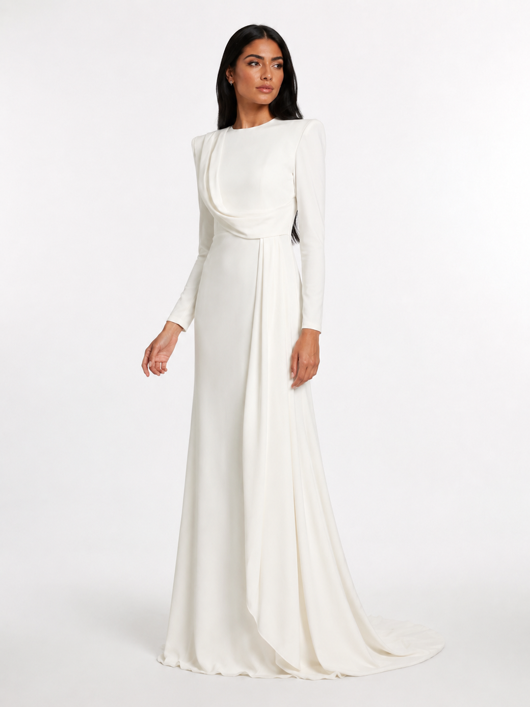 Draped Long Sleeve Maxi Gown - Pearl
