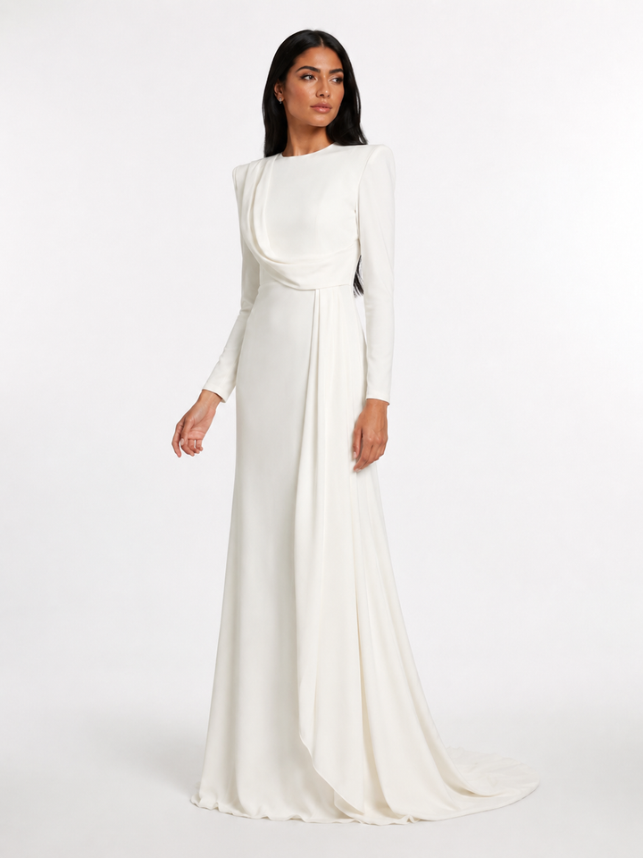Draped Long Sleeve Maxi Gown - Pearl