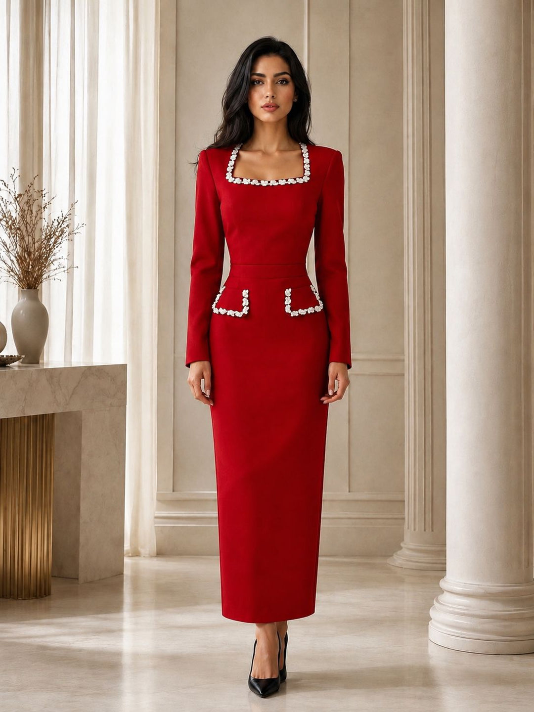 Crystal Trim Square Neck Midi Dress - Elegance