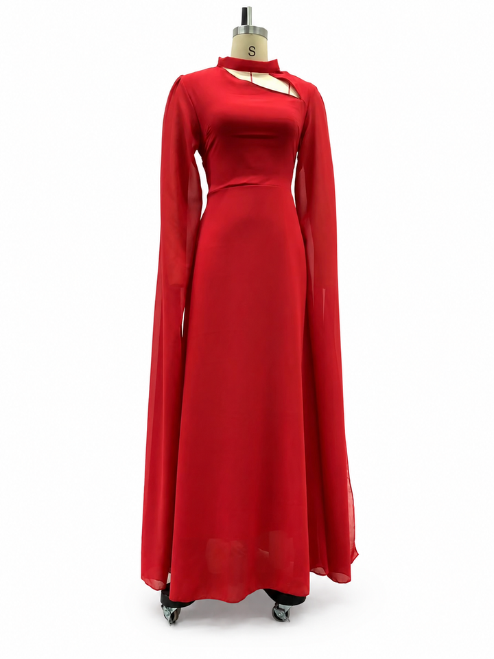 Elegant Red Chiffon Maxi Evening Dress - Glamour