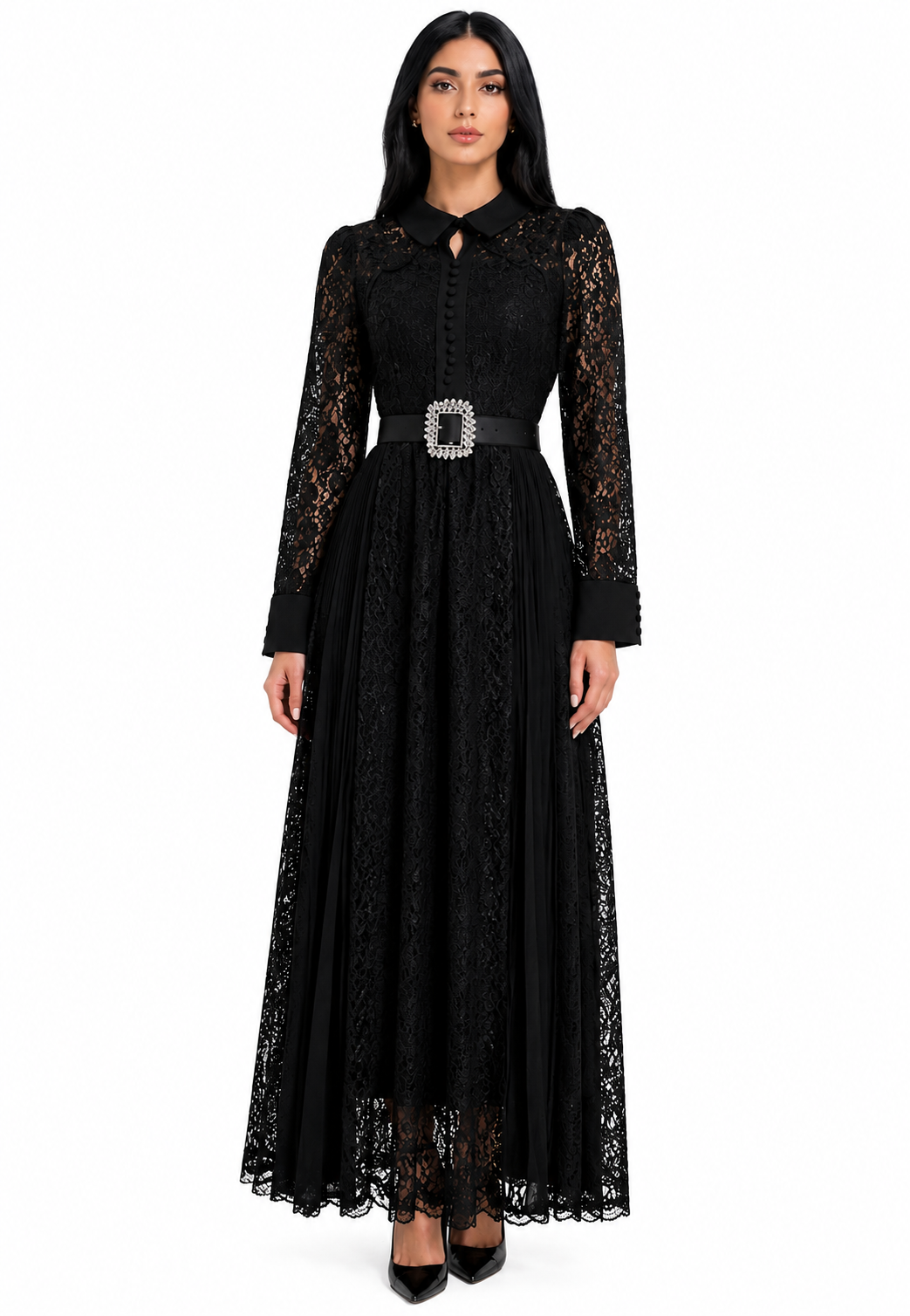 Golden Lace Pleated Maxi Dress - Majesty