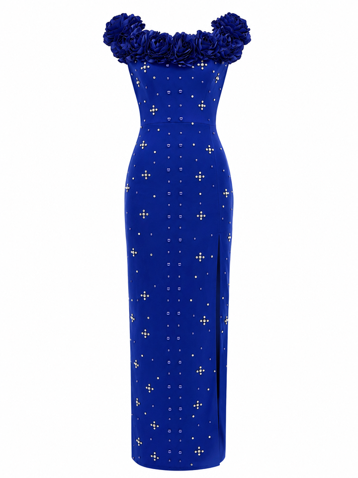 Royal Blue Pearl Embellished Evening Gown - Elegance