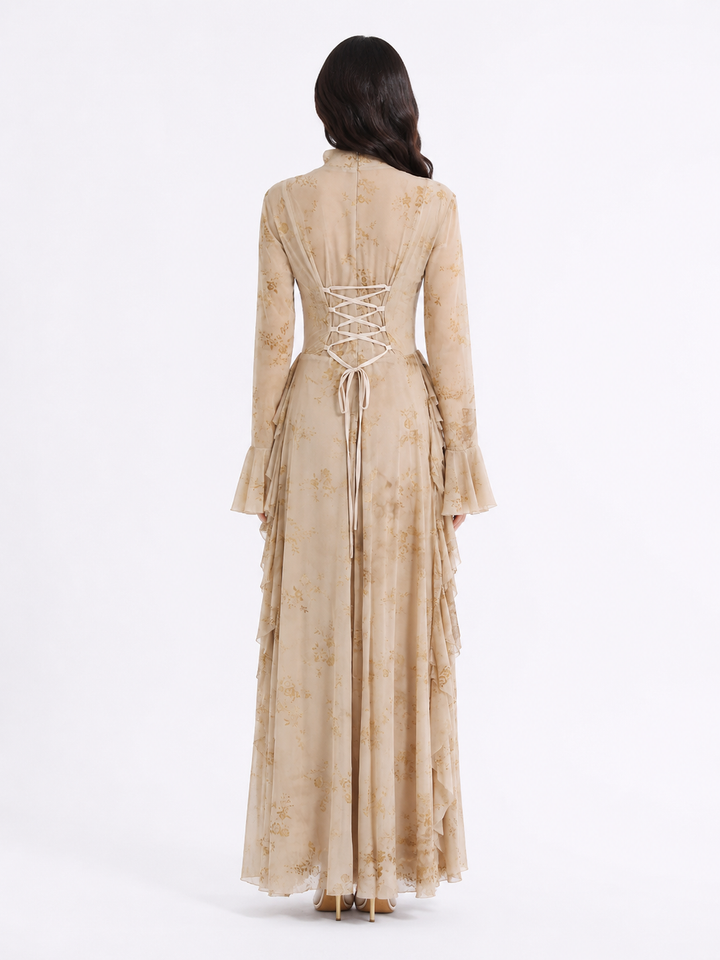 Floral Jacquard Ruffle Maxi Dress - Taupe