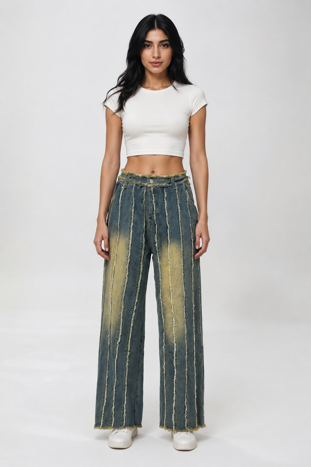 Raw Edge Striped Wide Leg Jeans - Urban