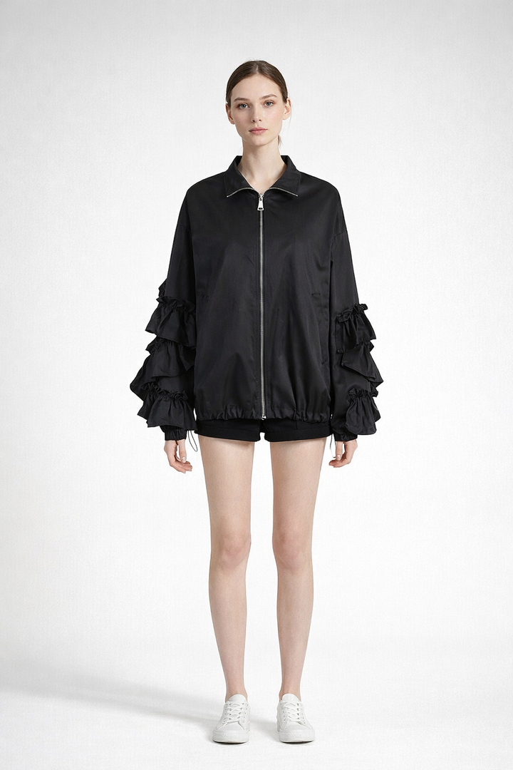 Black Ruffle Sleeve Zip Up Jacket- Mariat