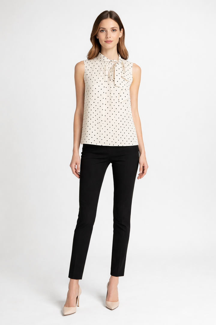 sleeveless polka dot blouse with tie-neck detail – IVORY