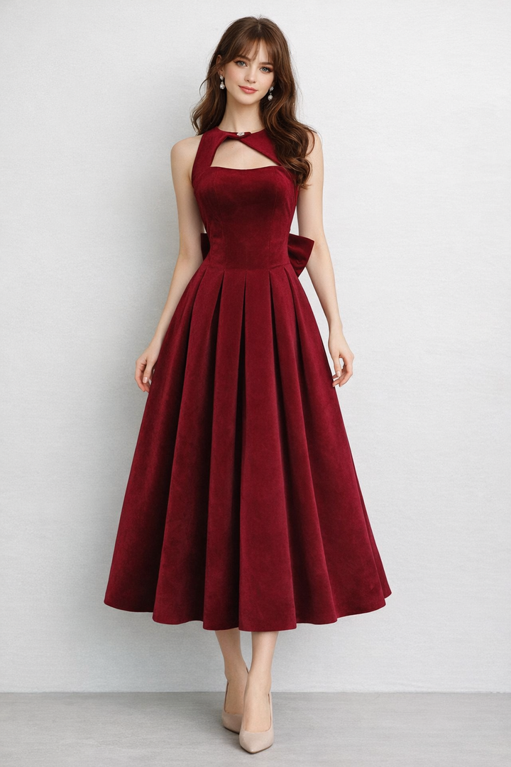 Name: sleeveless fit-and-flare dress with keyhole neckline and back bow – RUBINA
