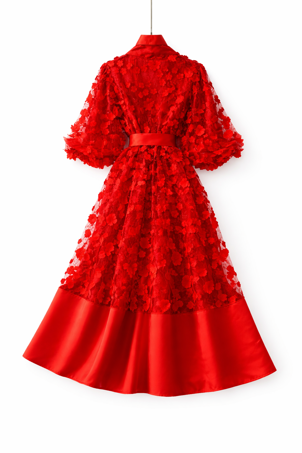 floral lace midi dress with satin hem and waist bow – BODY