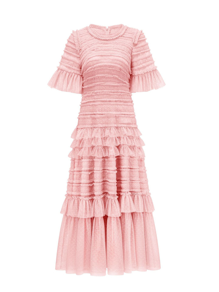 ruffled mesh midi dress with smocked bodice – ROSE