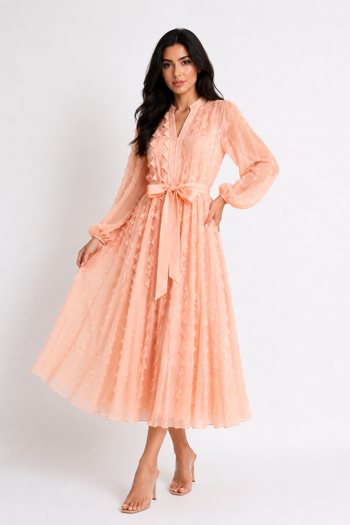 Ruffled Chiffon Tie-Waist Midi Dress - Ivory