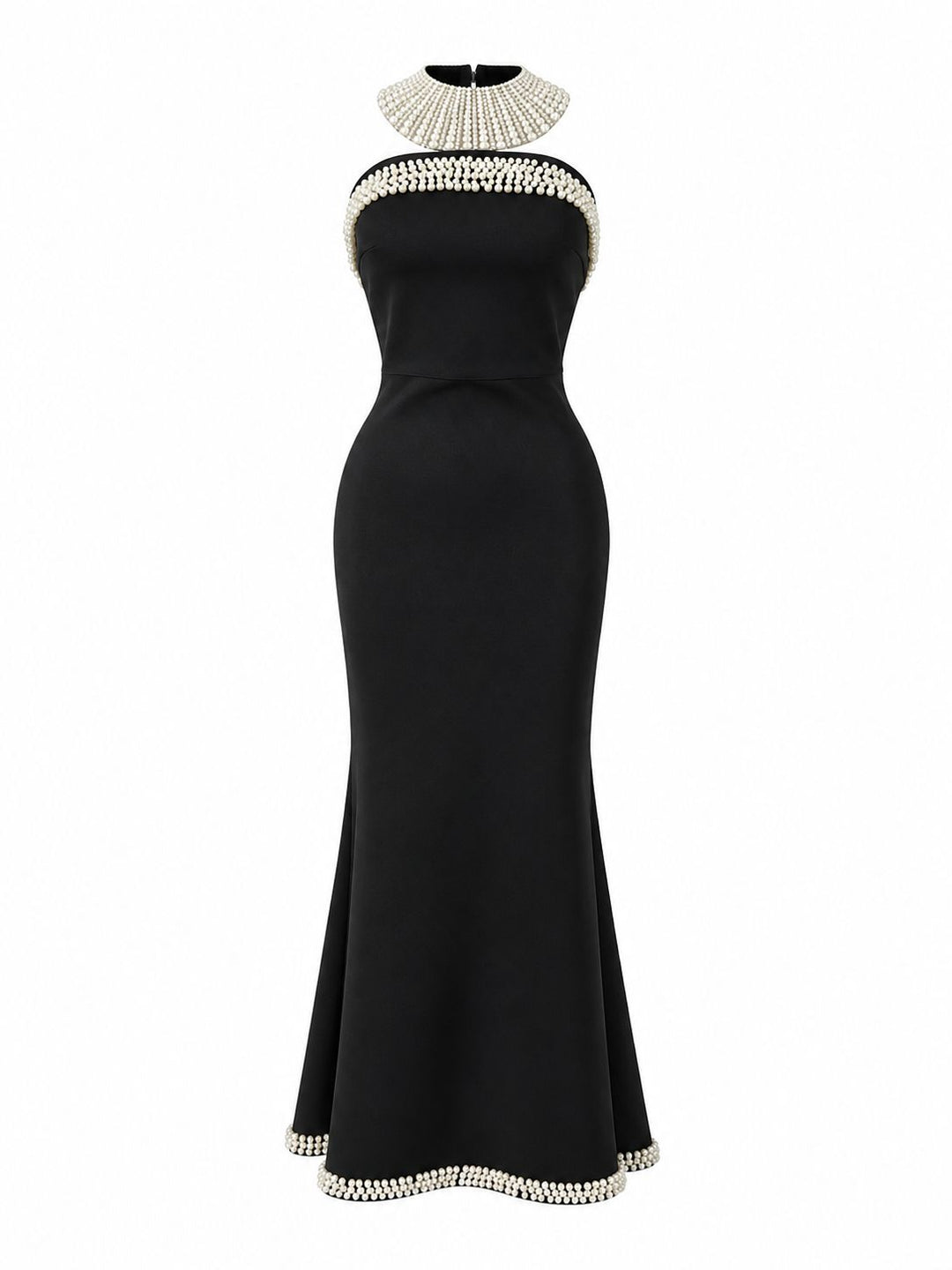 Pearl Trim Halter Mermaid Dress - Luxex