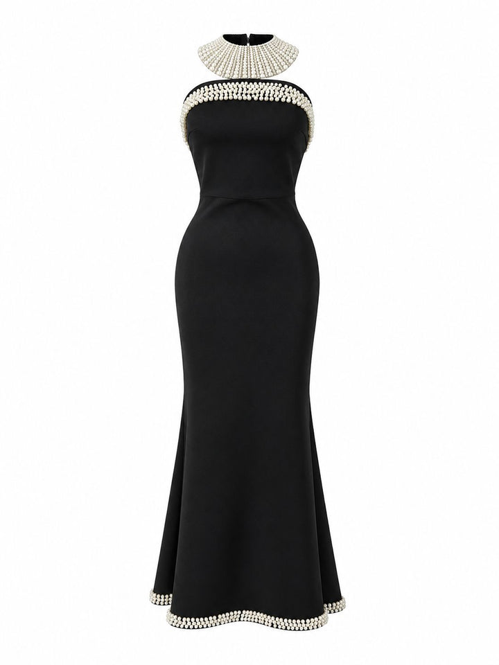 Pearl Trim Halter Mermaid Dress - Luxex