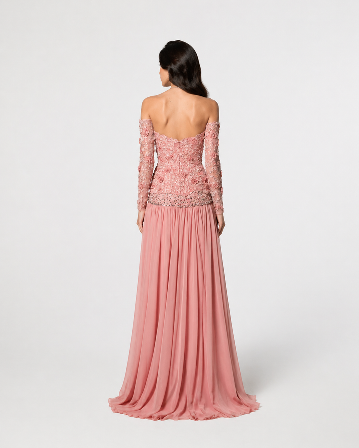 Dusty Rose Off-Shoulder Evening Gown with Floral Embellished Bodice – ROSÉVA