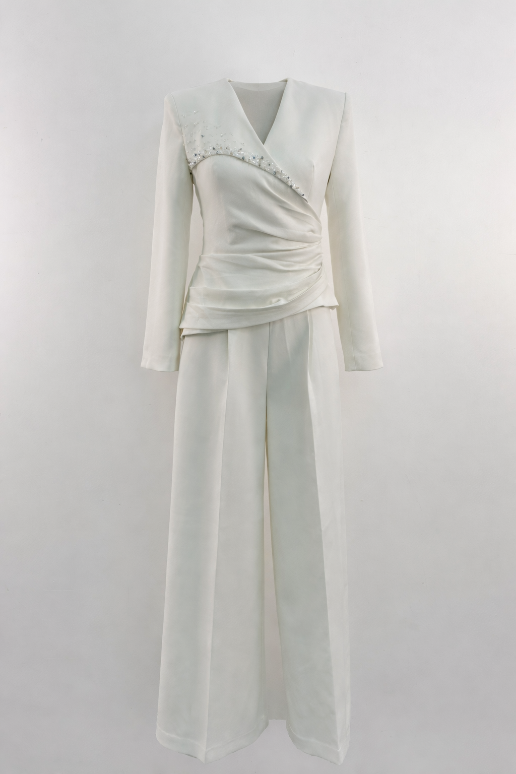 long sleeve wrap top with embellished neckline and wide-leg pants set – IVORIA