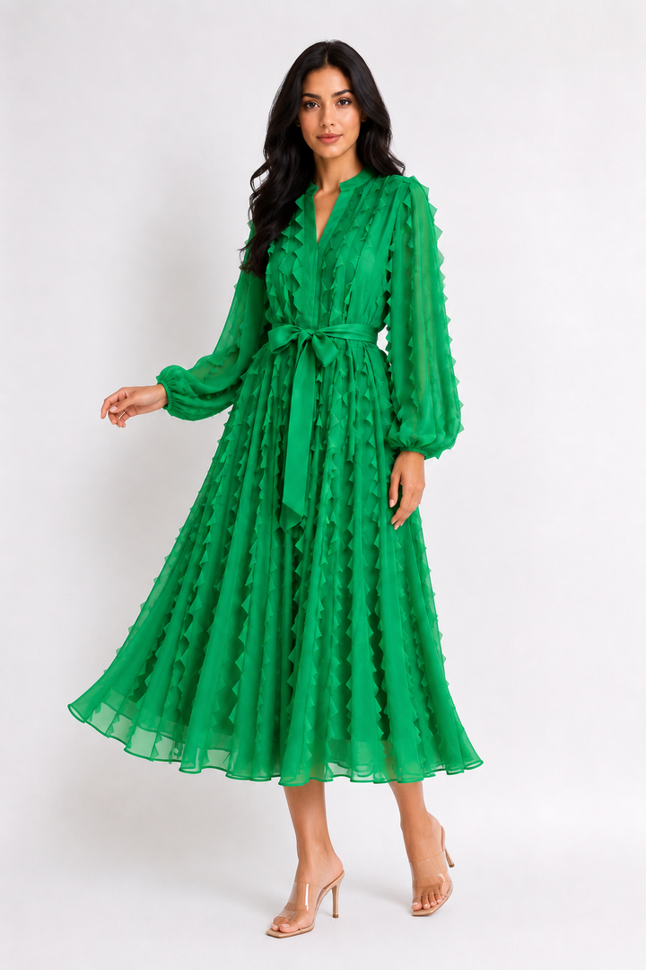 Ruffled Chiffon Tie-Waist Midi Dress - Ivory