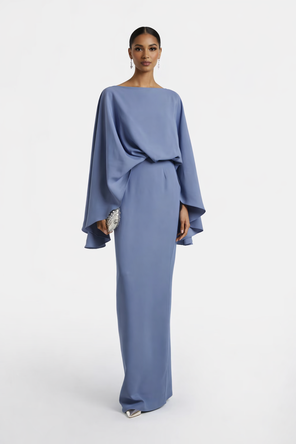batwing sleeve column gown with draped waist – CELESTIA