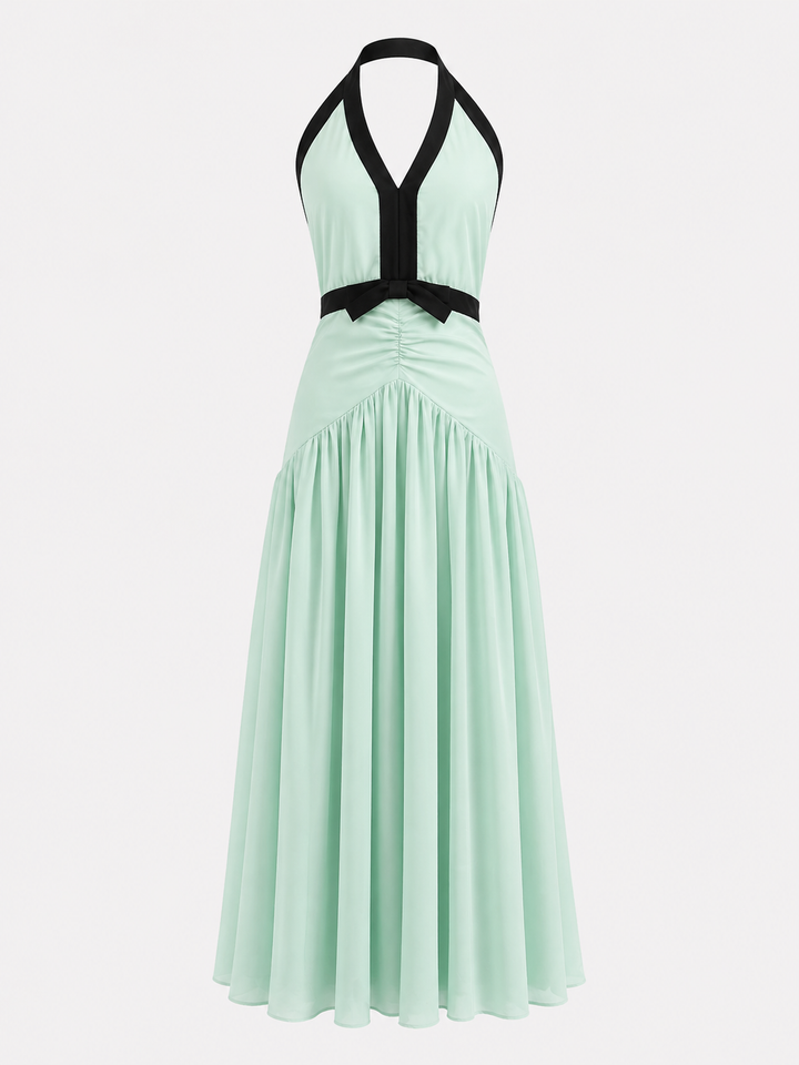 Mint Green Halter Maxi Dress with Black Contrast - LUMÉA
