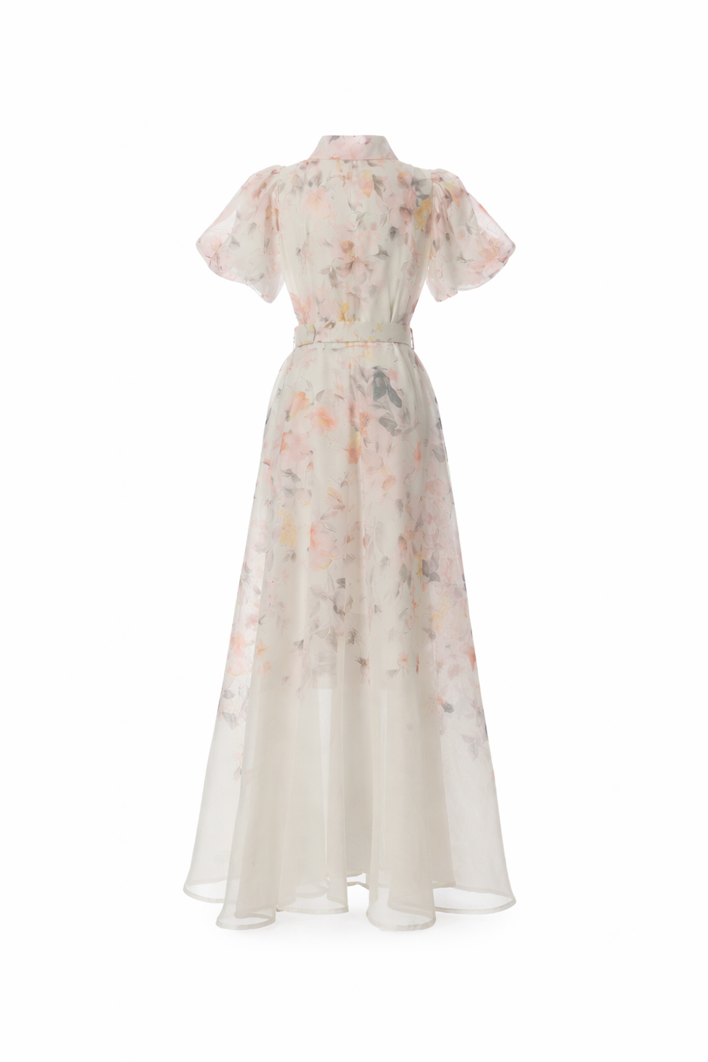 sheer floral maxi dress with puff sleeves and belt – BLOSSOM