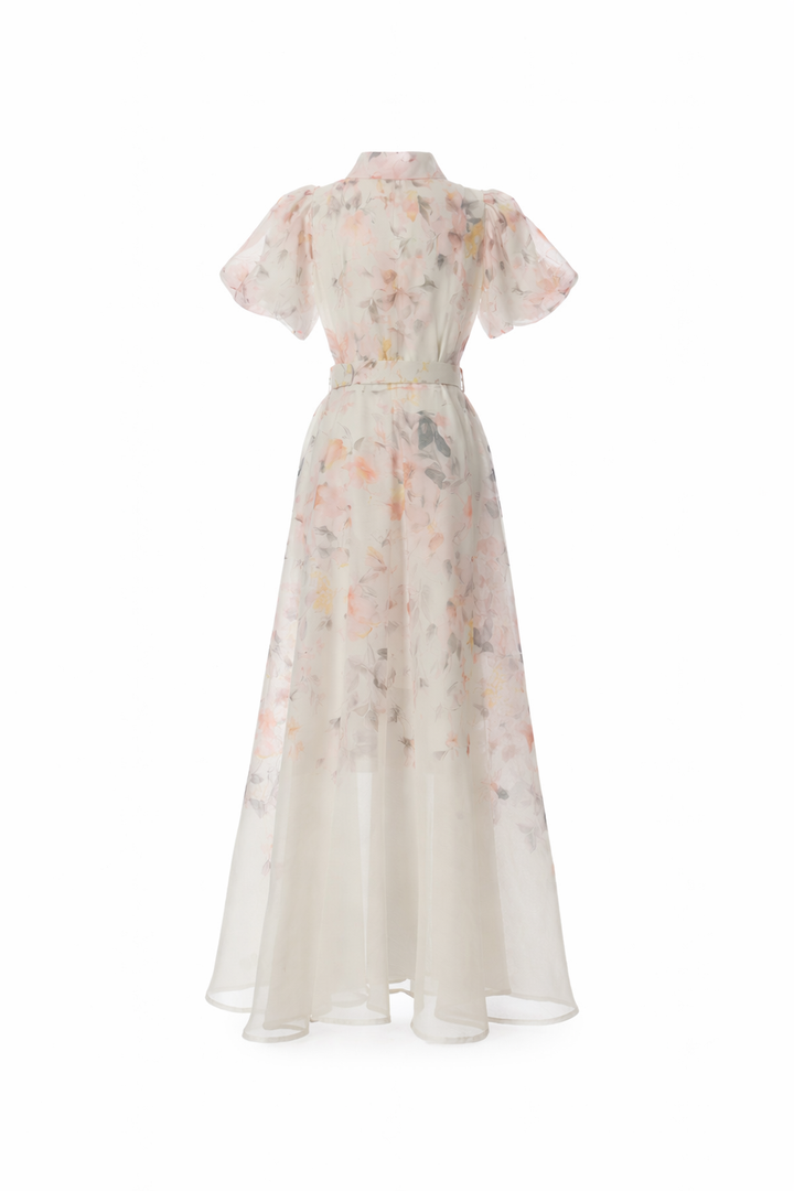 sheer floral maxi dress with puff sleeves and belt – BLOSSOM