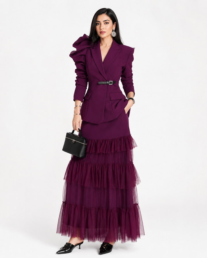 Elegant Ruffle Sleeve Blazer & Tiered Tulle Maxi Dress Set - Luxury