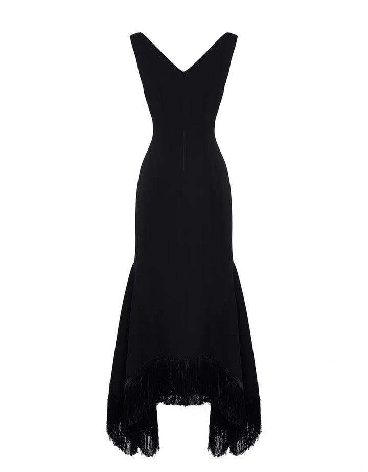 sleeveless mermaid dress with asymmetrical fringe hem – NOIRS
