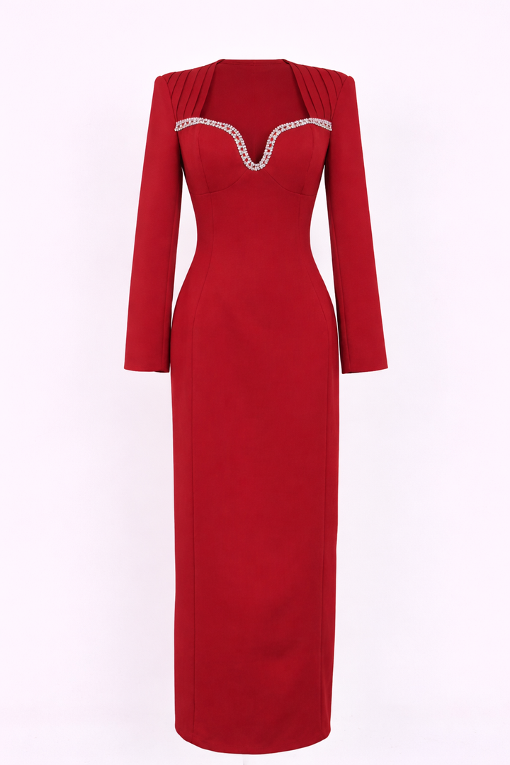 الاسم: فستان طويل الأكمام ضيق بياقة على شكل قلب مزينة – روبينا