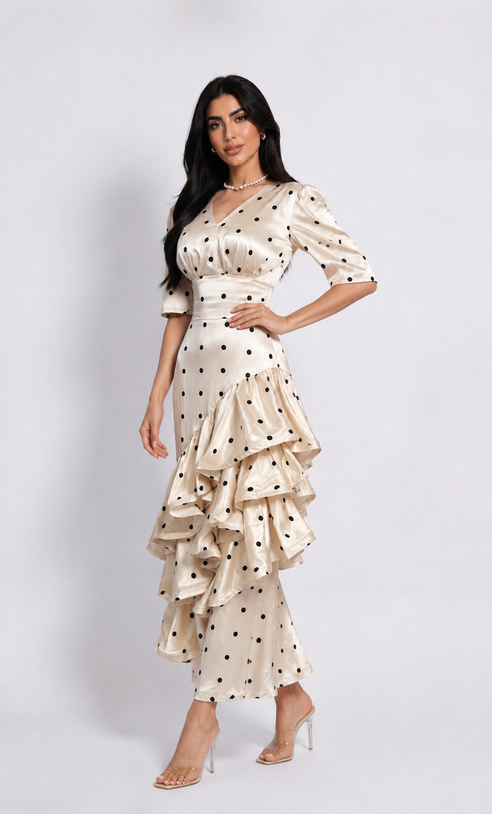 Polka Dot Ruffle Satin Dress - Valentina