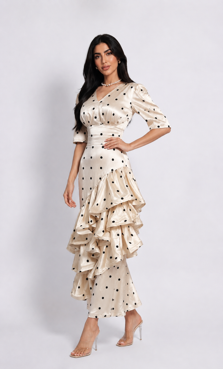 Polka Dot Ruffle Satin Dress - Valentina