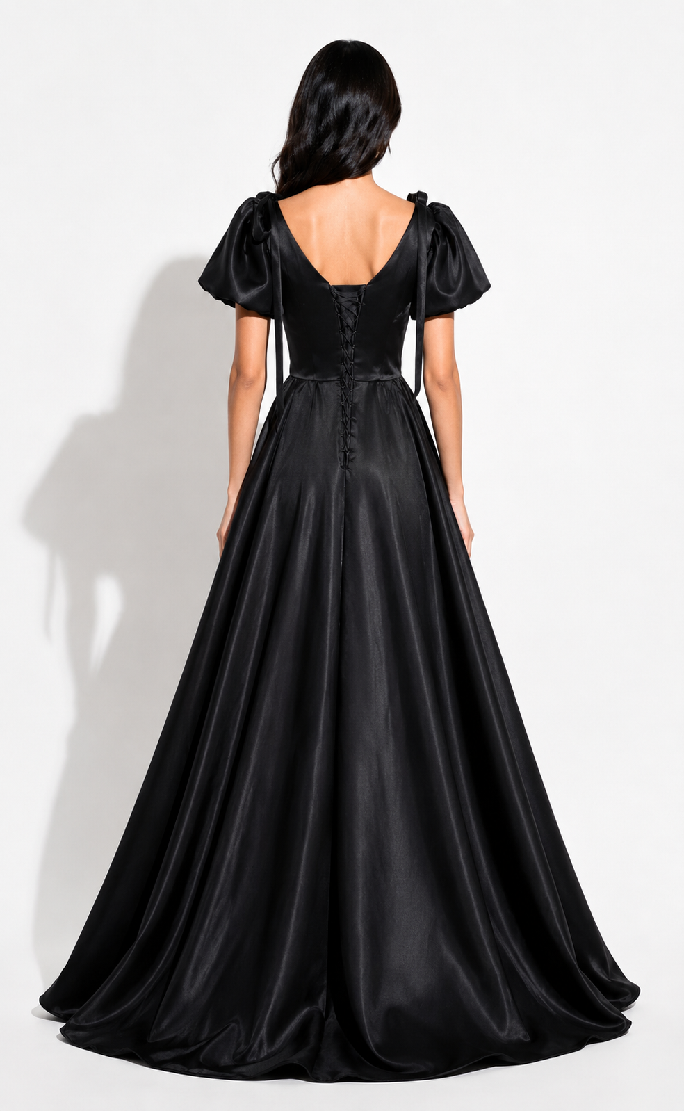 Satin Puff Sleeve Ball Gown - Noir