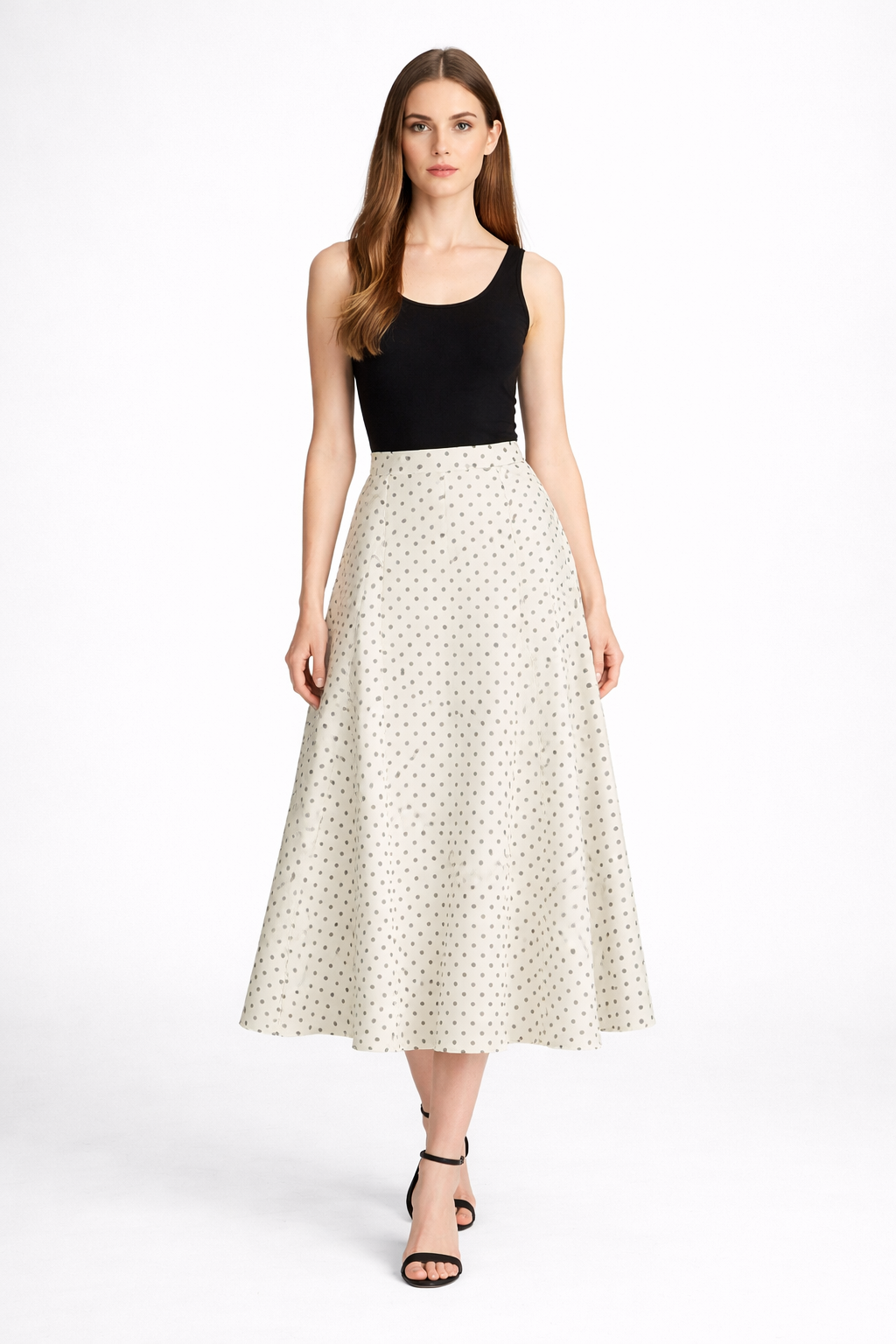 polka dot blouse and flowing midi skirt set with tie-neck – NOIR