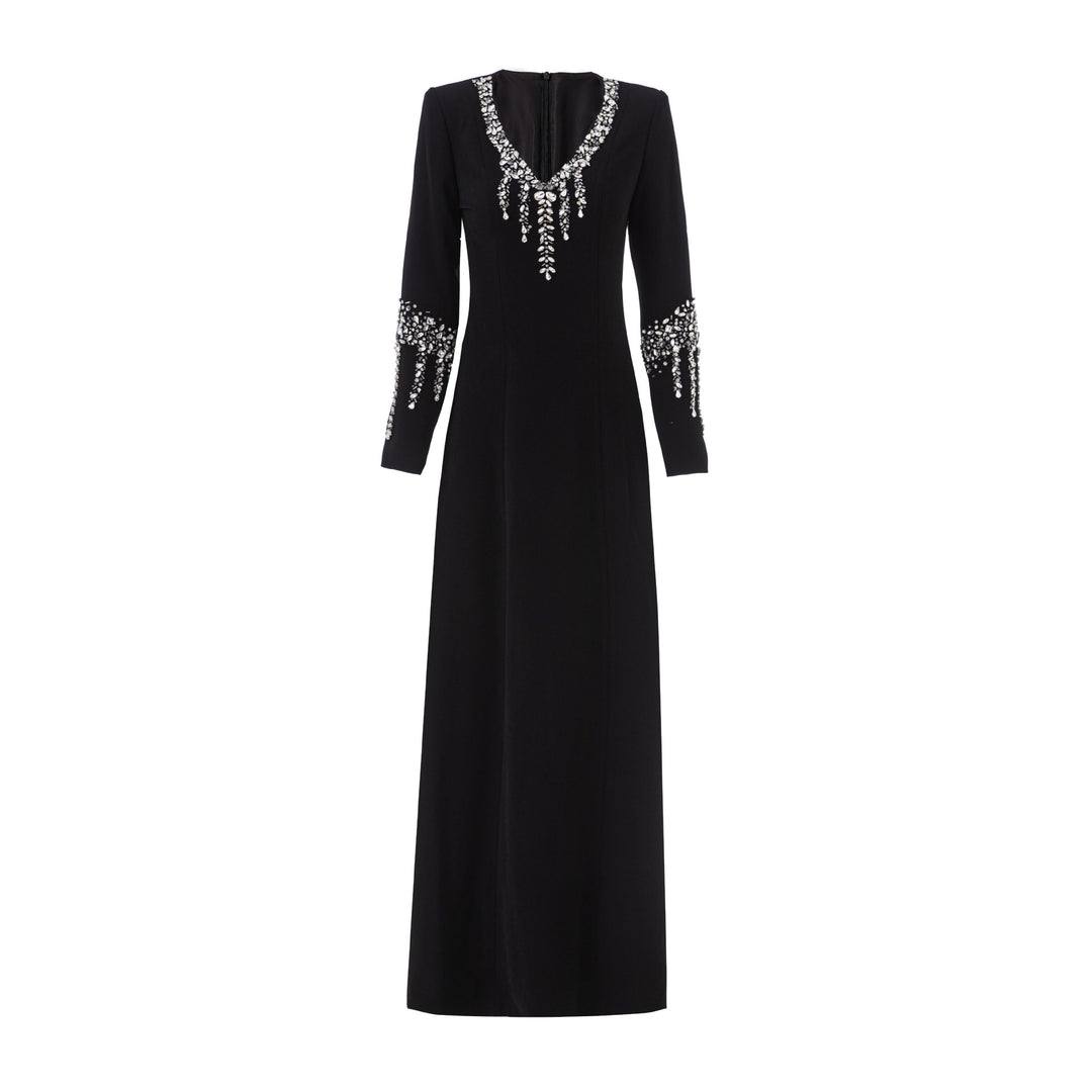 long sleeve column dress with embellished neckline and cuff details – GLIMMER