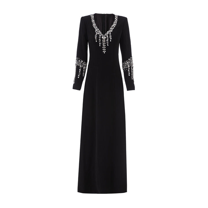 long sleeve column dress with embellished neckline and cuff details – GLIMMER