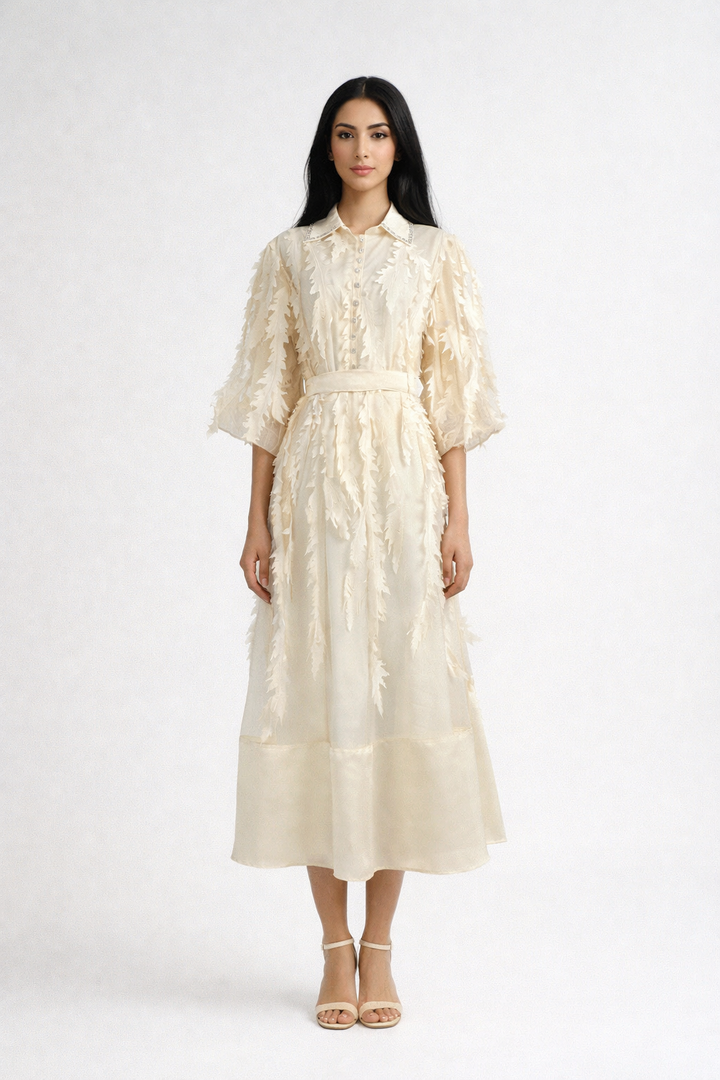 long sleeve chiffon dress with 3D leaf appliqué and belted waist – VIOLET