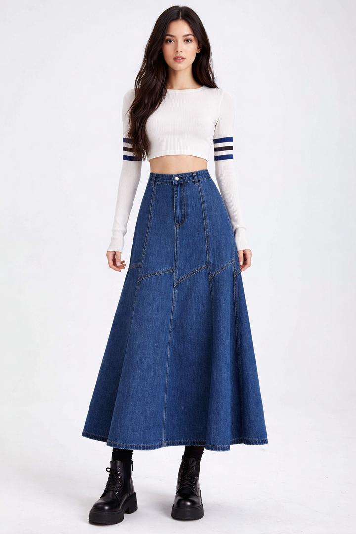 high-waisted A-line denim maxi skirt – VERA