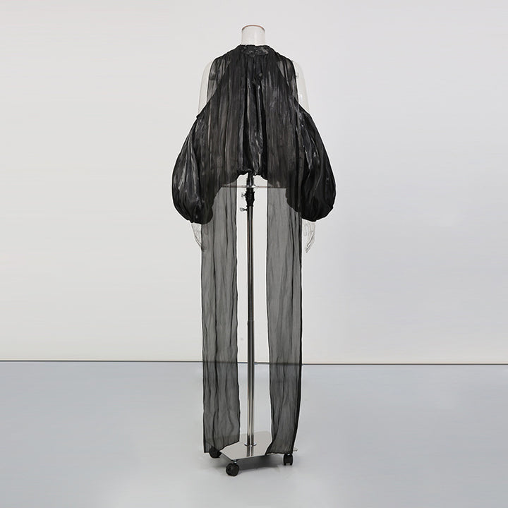 halter neck blouse with draped chiffon volume – IVORY